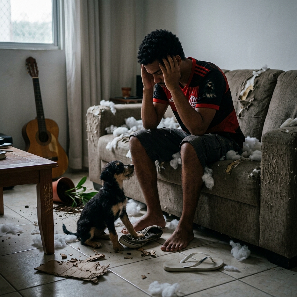 Tutor frustrado com cão desobediente